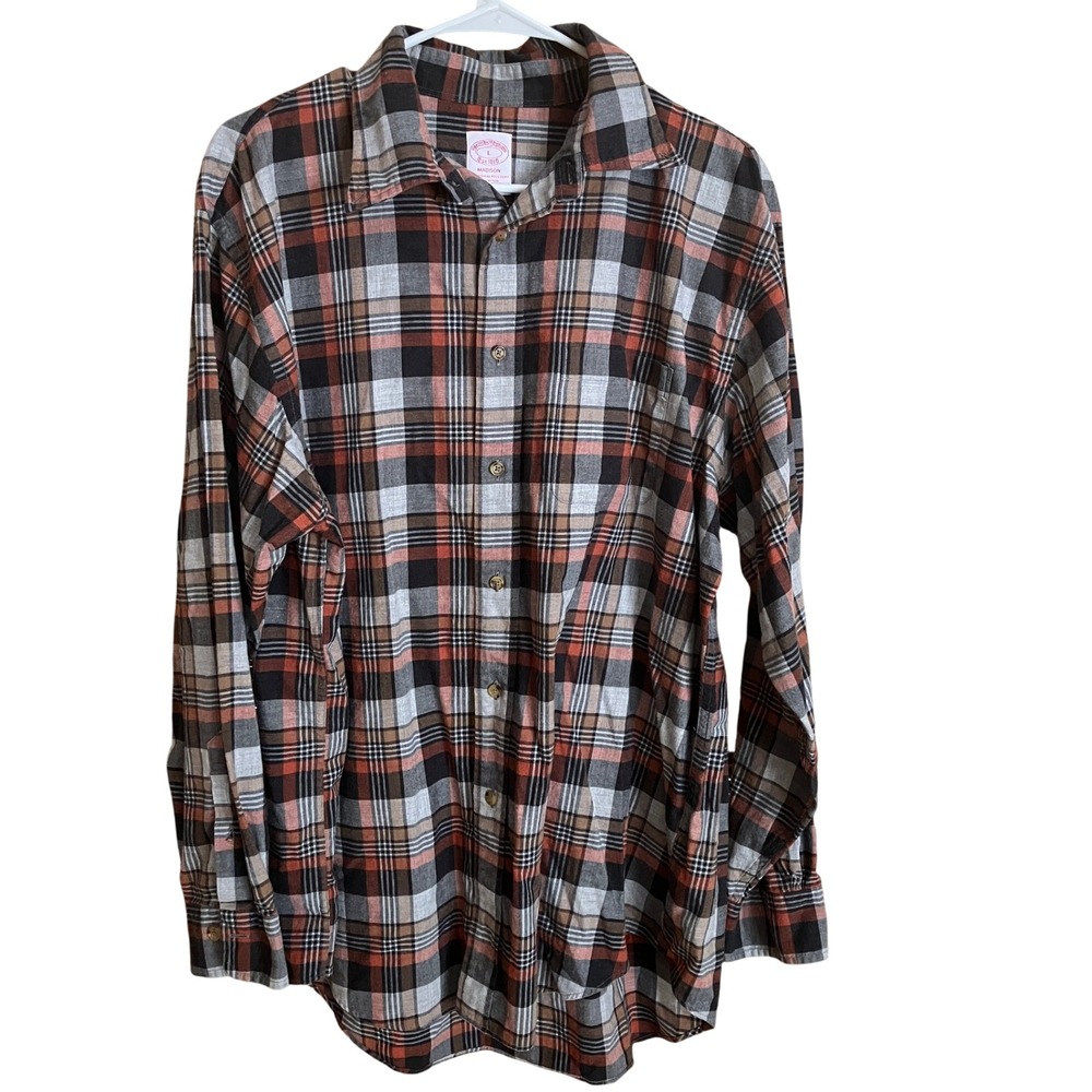 Brooks Brothers‎ Madison Plaid Button Down Shirt Mens Large Orange Brown Cotton